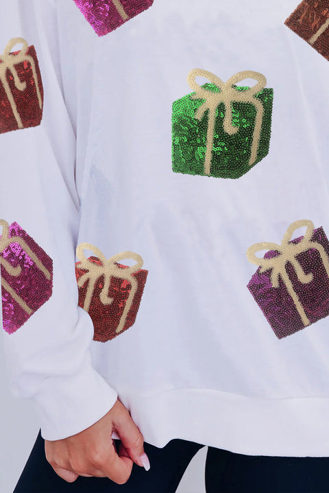 White Sequin Christmas Gift Graphic Pullover Sweatshirt