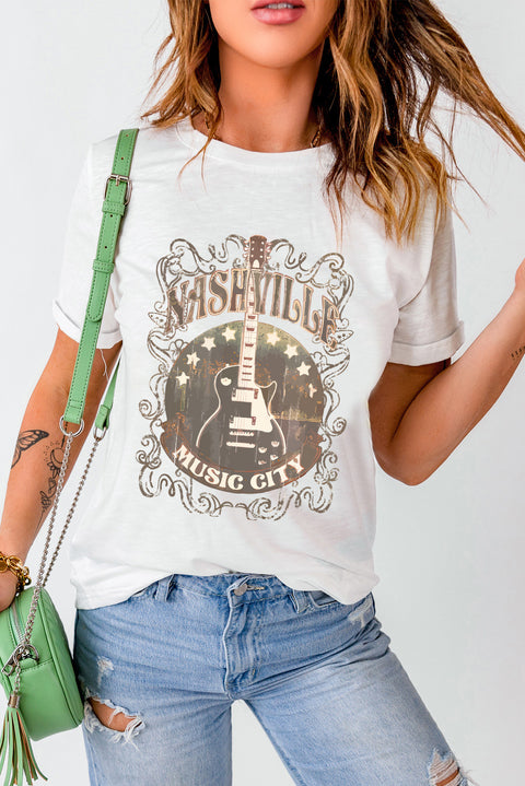 White Vintage Music City Guitar Print Crew Neck T Shirt