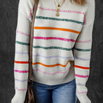 White Colorful Striped Ribbed Trim Sweater