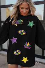 Black Sequin Star Doughnut Mask Graphic Mardi Gras Ribbed Sweatshirt