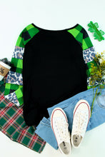 Green Leopard Plaid Patchwork Long Sleeve Rhinestone Lucky Clover Graphic Top