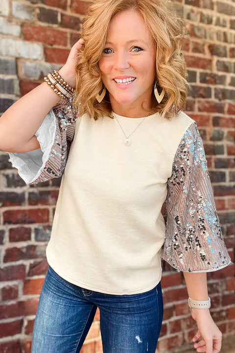 White Sequined Bell Sleeve Round Neck Blouse