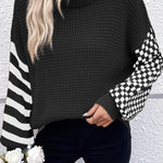 Black Striped Plaid Patchwork Waffle Knit Turtleneck Sweater