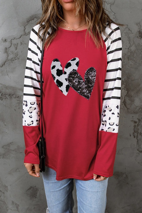 Red Double Heart Patch Contrast Long Sleeve Top