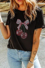 Black Rhinestone Bowknot Cherry Graphic T Shirt