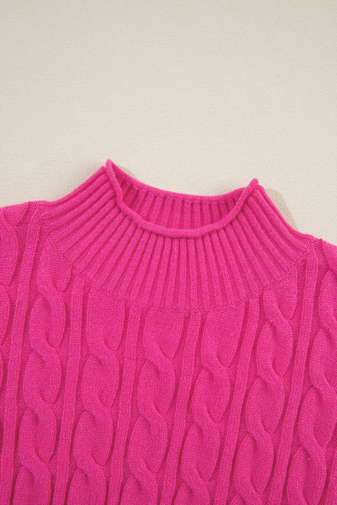 Rose Red Solid Cable Knit High Neck Drop Shoulder Sweater