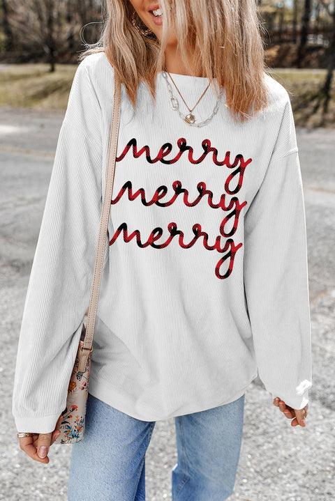 White Merry Printed Crewneck Ribbed Christmas Sweatshirt