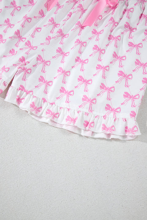 Pink Bowknot Printed Short Sleeve and Ruffled Shorts Valentines Pajama Set