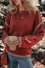 Red Dahlia Color Contrast Trim Drop Shoulder Crew Neck Sweater