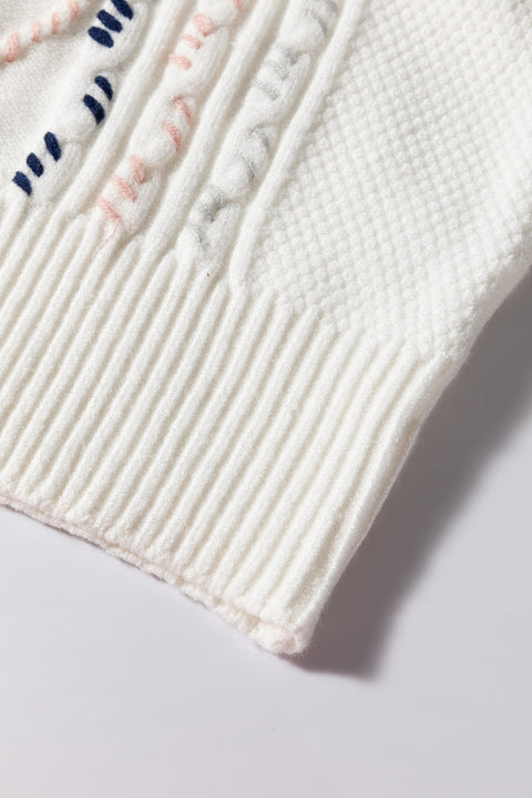 White Multicolor Stitch Detail Cable Knit Short Sleeve Sweater