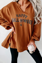 Chestnut Sequin Happy Halloween Graphic Notched Neck Long Sleeve Loose Top