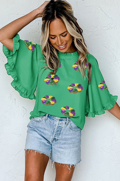 Green Sequin Doughnut Graphic Ruffled Trim Bell Sleeve Mardi Gras Blouse