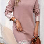 Fushia Striped Trim Mock Neck Dropped Long Sleeve Sweater Mini Dress