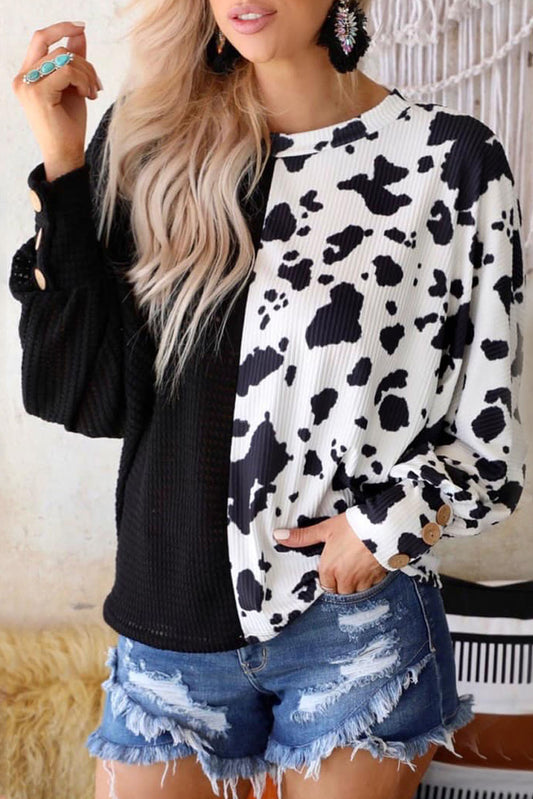 Cow Patchwork Waffle Knit Long Sleeve Top