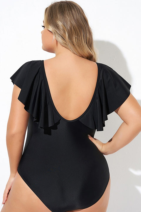 Black Ruffled Sleeve Lace-up V Neck Plus Size One Piece Swimsuit