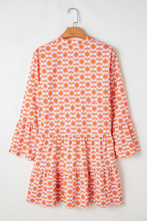 Orange Floral Print Flounce Sleeve Buttoned Front Mini Dress