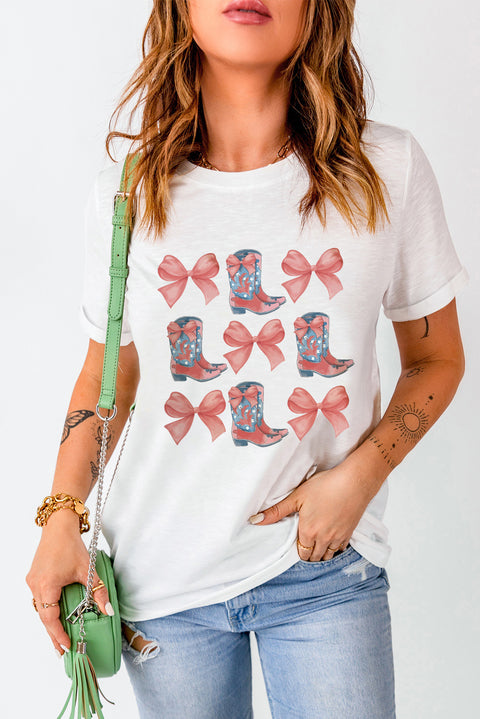 White Bowknot & Cowgirl Boots Graphic Tee