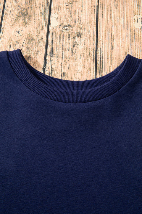 Navy Blue Solid O Neck High Low Hem Pullover Sweatshirt