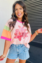 Pink Flower Color Block Half Sleeve Loose T Shirt