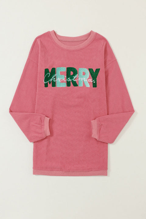 Strawberry Pink MERRY Christmas Corded Pullover Sweatshirt