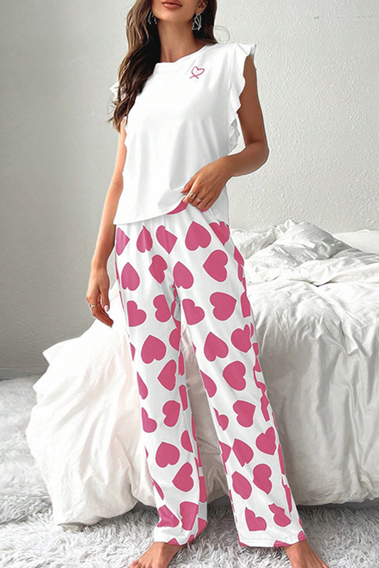 Pink Ruffled Tank Top And Heart Print Pants Lounge Set