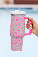 Bright Pink Flower Checkered Pattern Cup with Straw 40oz