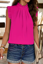 Bright Pink Pleated Mock Neck Frilled Trim Sleeveless Top