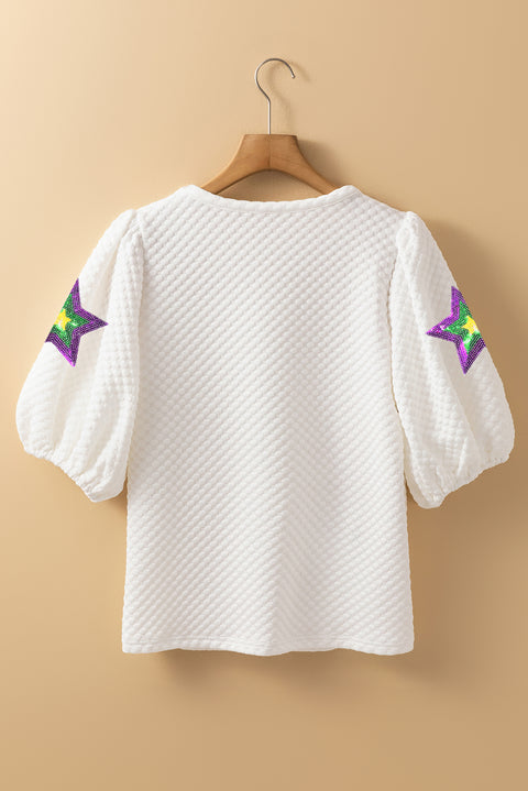 White Textured Sequin Mardi Gras Star Graphic Puff Sleeve Blouse