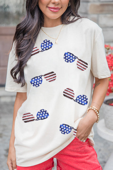 White Sequined American Flag Sunglasses Crew Neck T Shirt