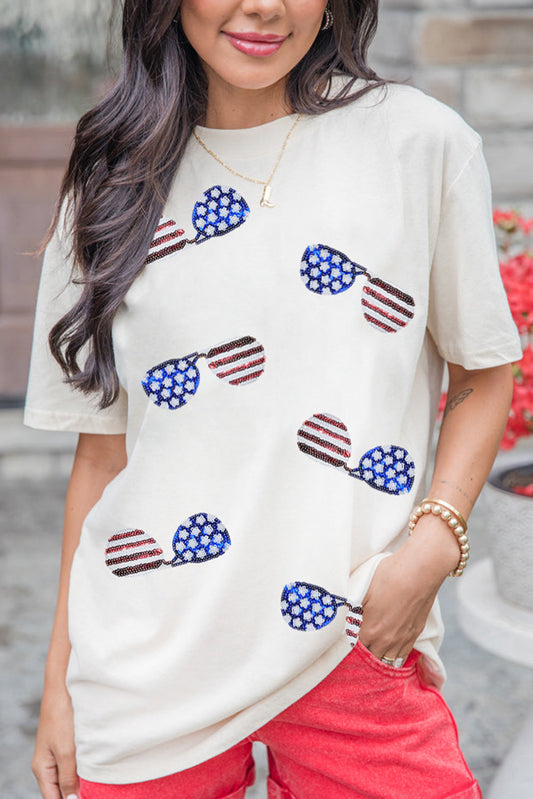 White Sequined American Flag Sunglasses Crew Neck T Shirt