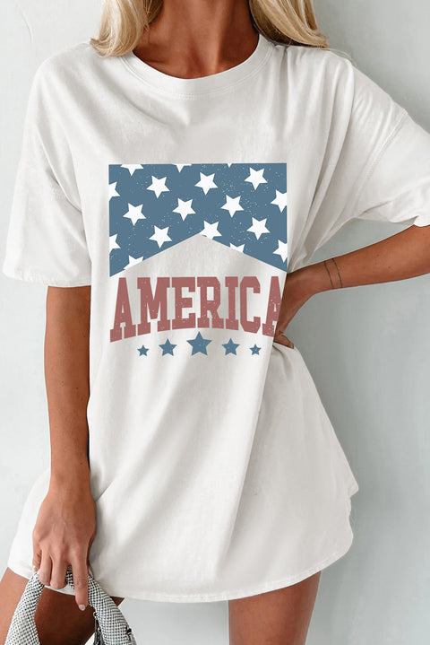 White AMERICA Stars Print Round Neck Oversized T Shirt