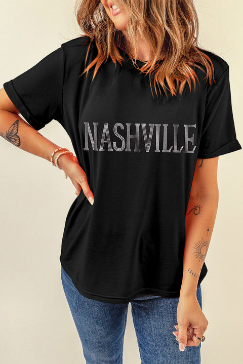 Black Rhinestone NASHVILLE Graphic Crewneck T Shirt