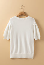 White Multicolor Stitch Detail Cable Knit Short Sleeve Sweater