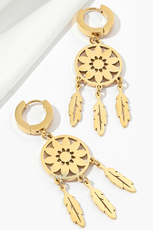 Gold Dream Catcher Feather Fringed Alloy Dangle Earrings