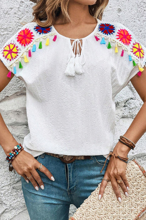 White Knit Crochet Patchwork Textured Fringed V Neck Blouse