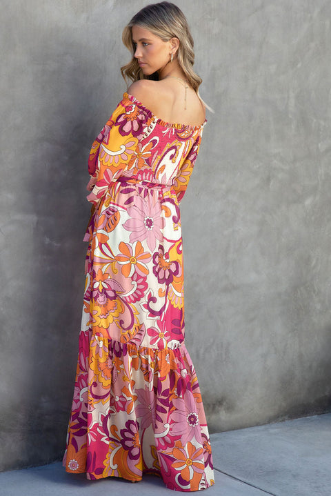 Multicolour Boho Floral Smocked Off Shoulder Puff Sleeve Maxi Dress