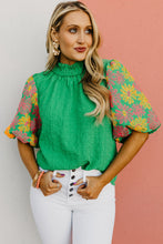 Bright Green Floral Puff Short Sleeve Ruffled Collar Button Back Top