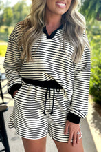 Black Stripe Collared Long Sleeve Top and Drawstring Shorts Set