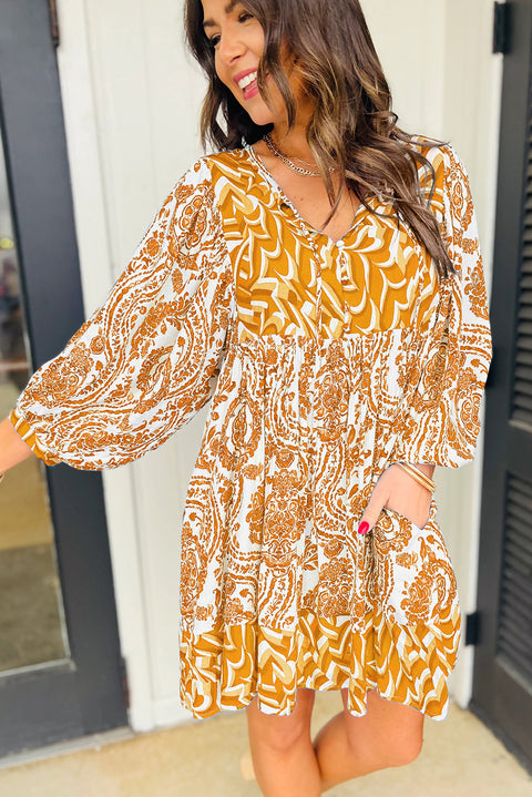 Yellow Bohemian Print Puff Sleeve Tied V Neck Flared Mini Dress