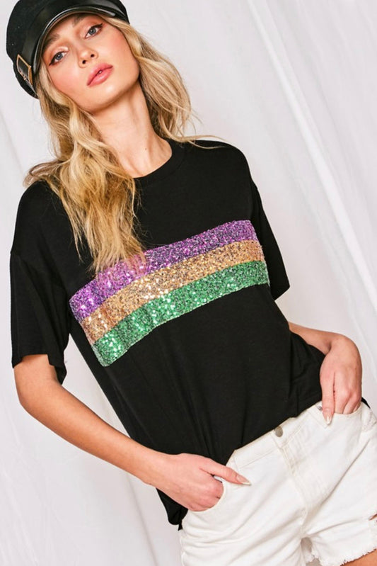 Black Sequin Stripes Patchwork Mardi Gras Crew Neck T Shirt