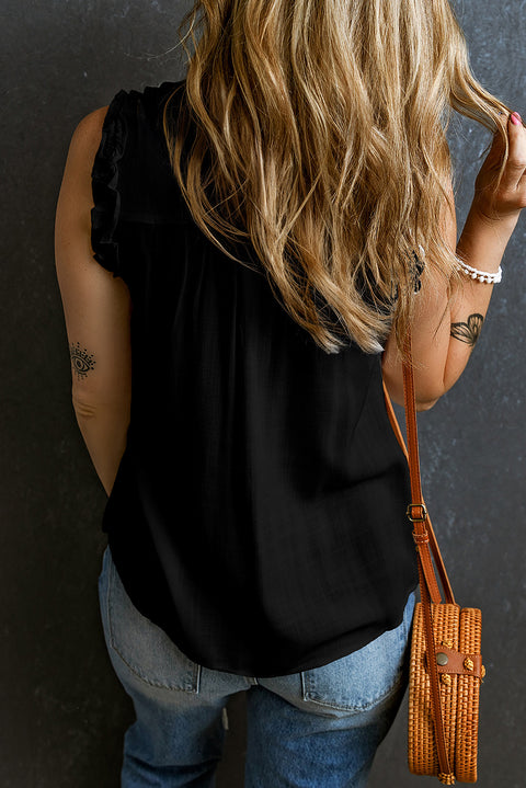 Black Button Split Neck Ruffled Trim Tank Top