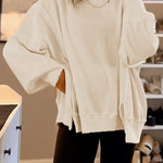 White Waffle Knit Bishop Sleeve Split Oversized Sweatshirt