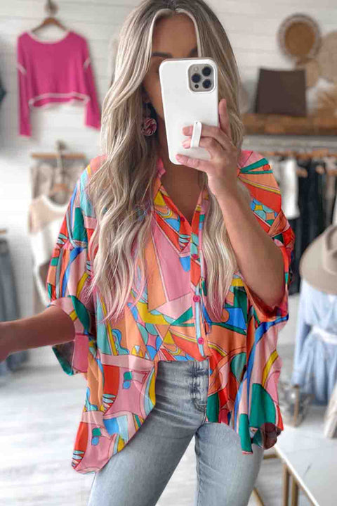 Multicolor Geometric Abstract Print Long Sleeve Shirt Dress