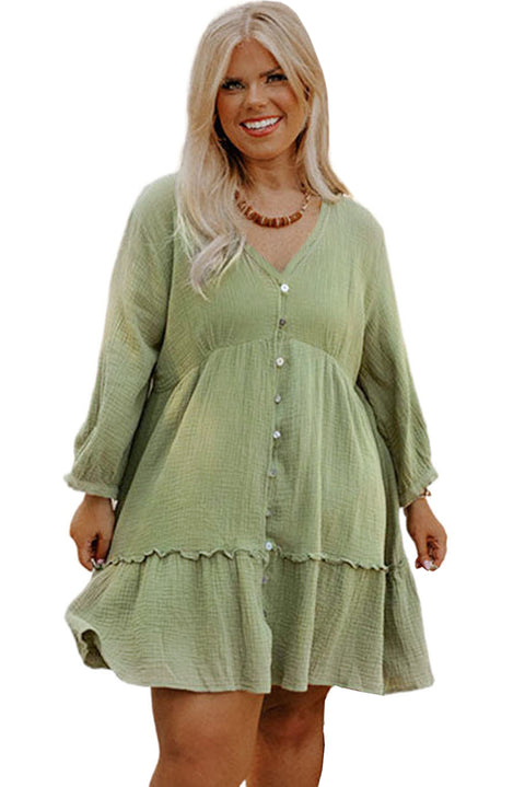 Green Textured Ruffled Buttoned V Neck Plus Size Mini Dress