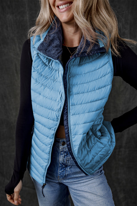 Sky Blue Plush Collared Quilted Zipped Puffer Vest