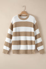 Light French Beige Colorblock Striped Drop Shoulder Side Slit Sweater