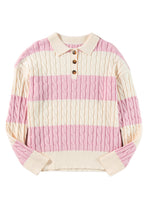 Pink Stripe Cable Knit Collared Henley Sweater