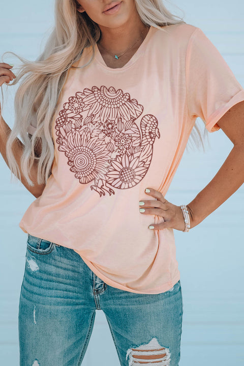 Floral Turkey Shape Print Short Sleeve T Shirt