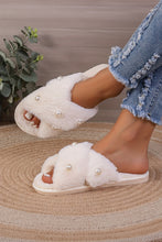 White Pearl Decor Criss Cross Plush Slippers