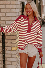 Red Stripe Buttoned V Neck Collared Drop Shoulder Top